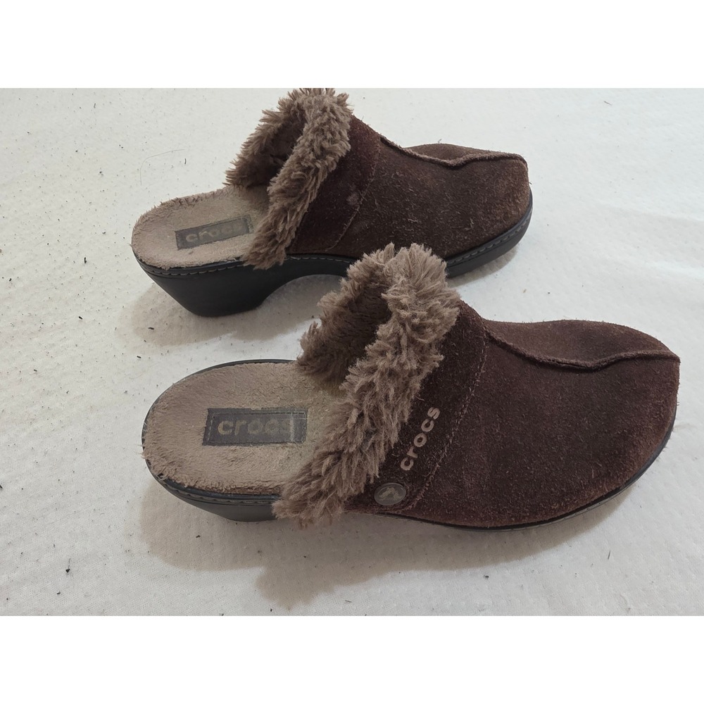 Crocs Gretel Brown Suede Faux Fur Lined Platform Clog Mules‎ Wedge Heel